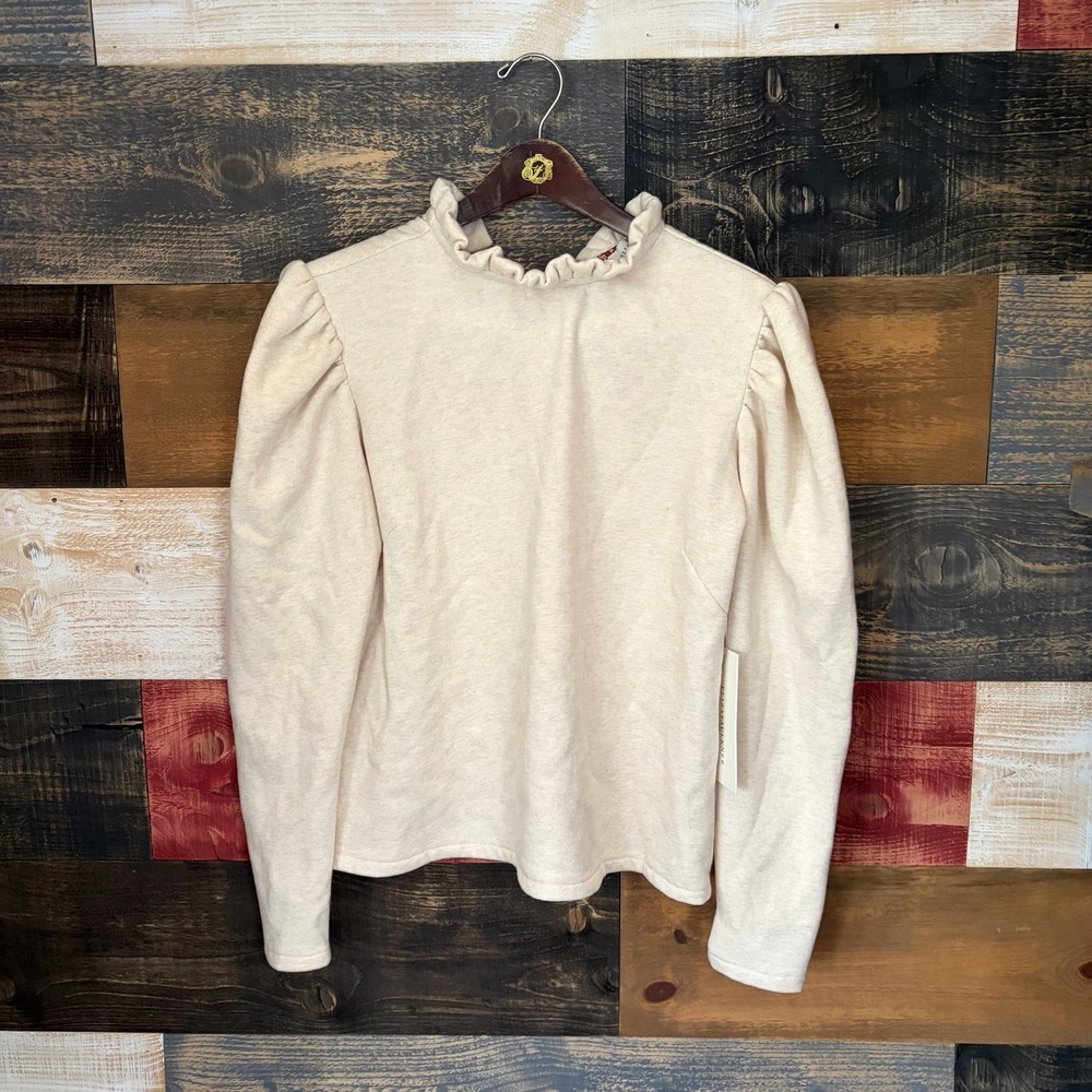 Eliza Faulkner Luella Sweater Ruffle Sweatshirt Blouse Small Cotton White Cream